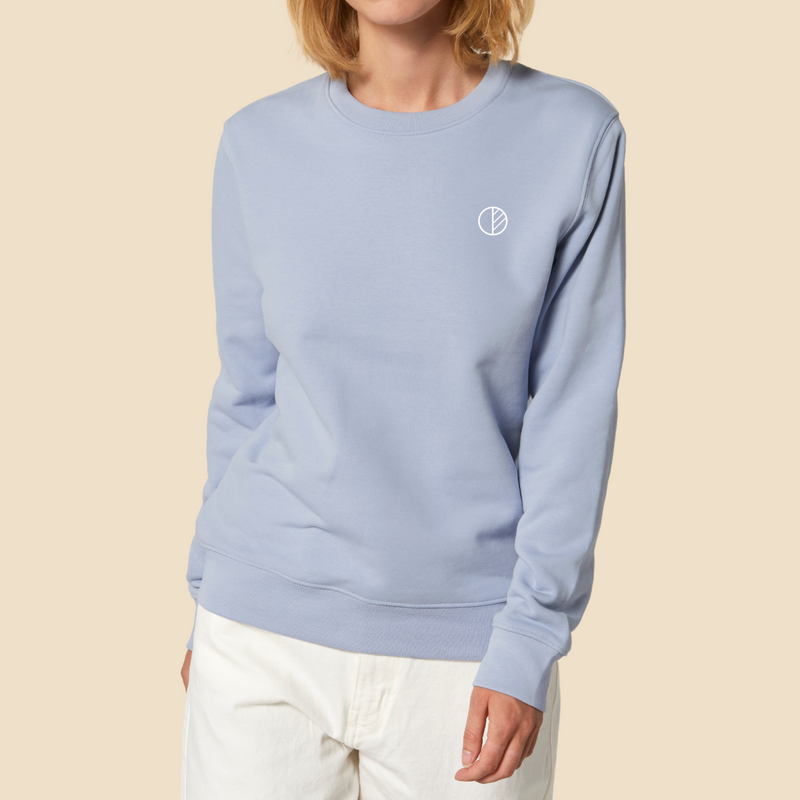 Organic cotton and recycled polyester sweater, designed in Paris, light blue - onfootprint - sustainable fashion
